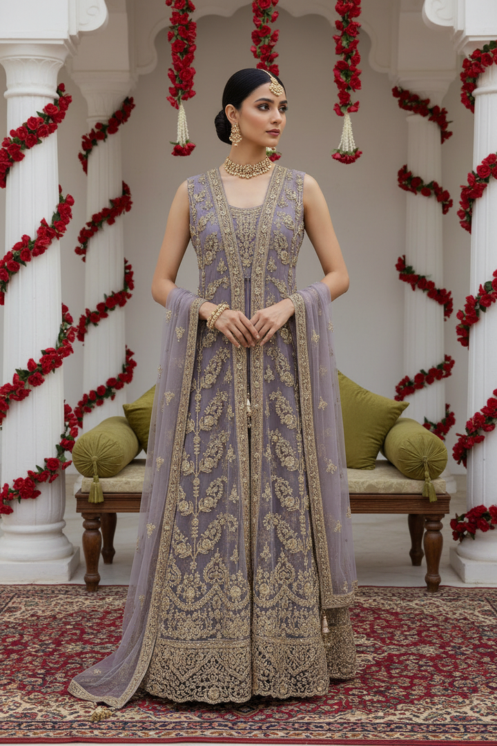 7014C- Mauve Embroidered & Embellished net long dress