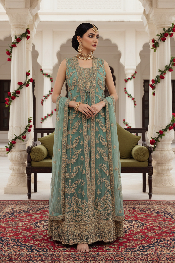 7014D- Green Embroidered & Embellished net long dress