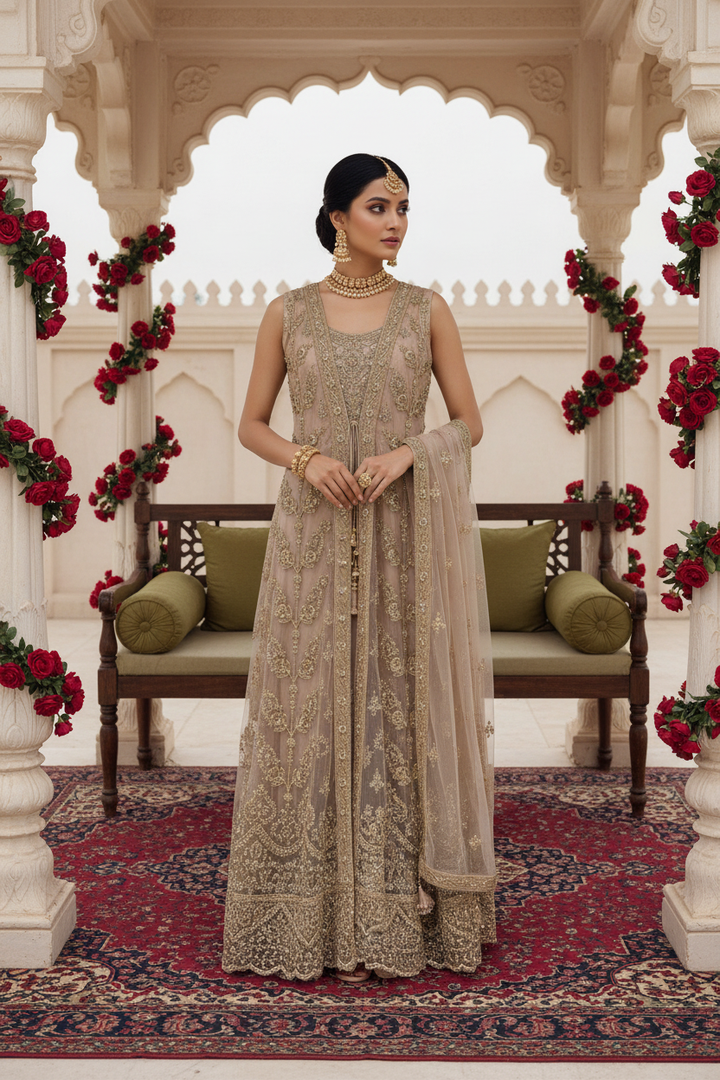 7014E- Fawn Embroidered & Embellished net long dress