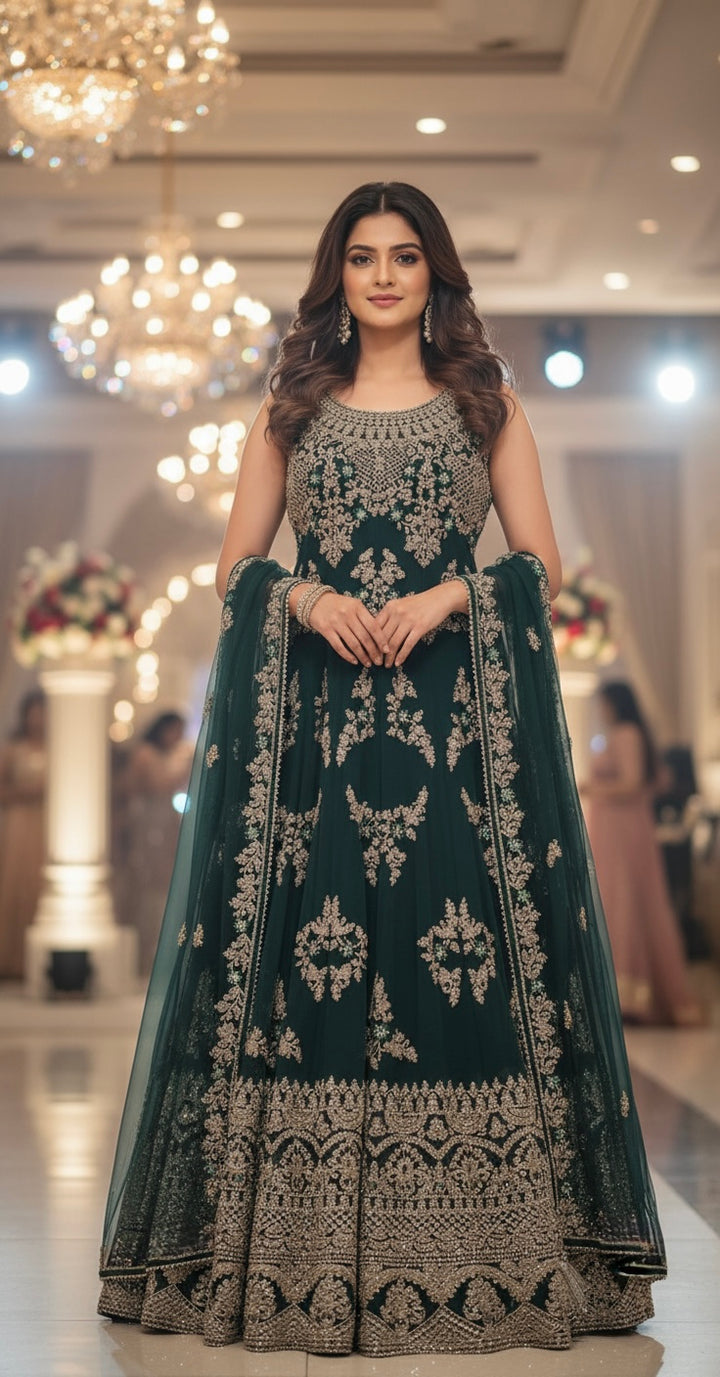 7015A- Green Embroidered & Embellished net long dress