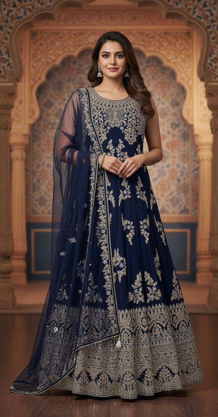 7015B- Blue Embroidered & Embellished net long dress