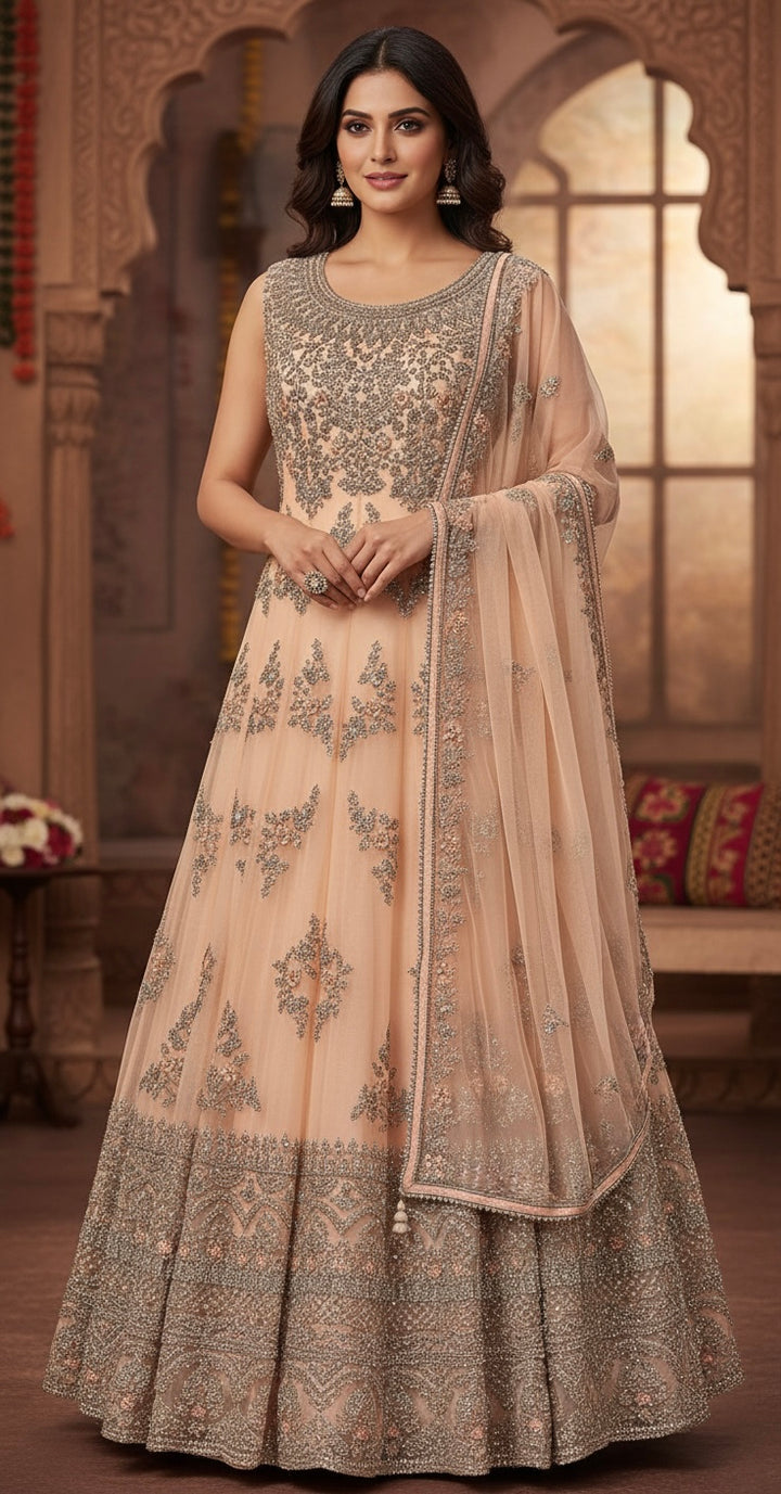 7015C- Light Peach Embroidered & Embellished net long dress