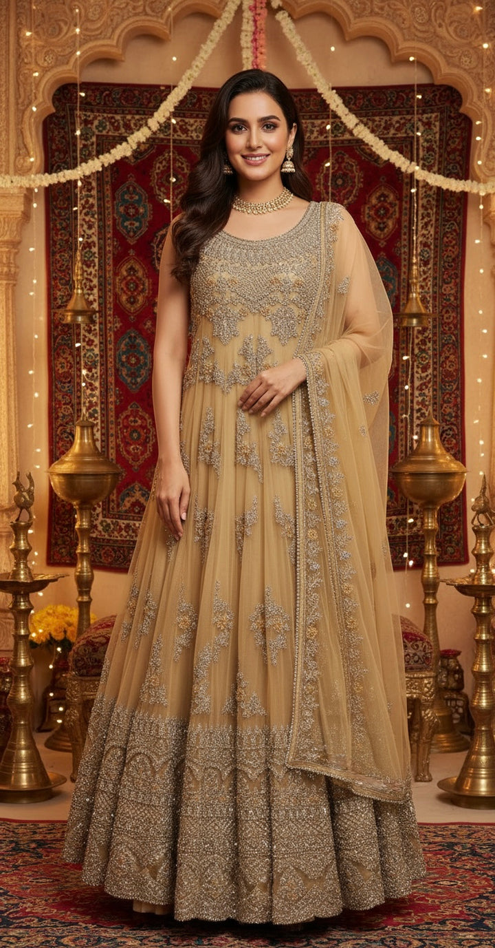 7015D- Gold Embroidered & Embellished net long dress