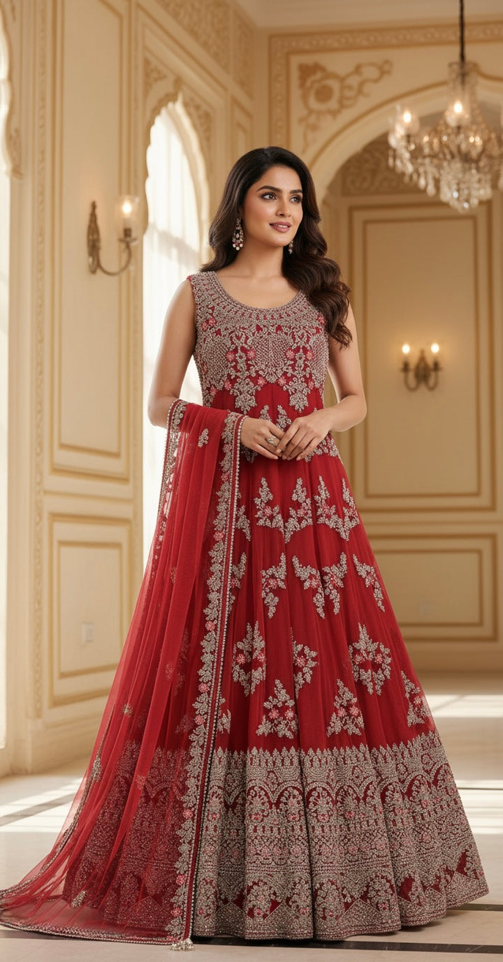 7015E- Red Embroidered & Embellished net long dress