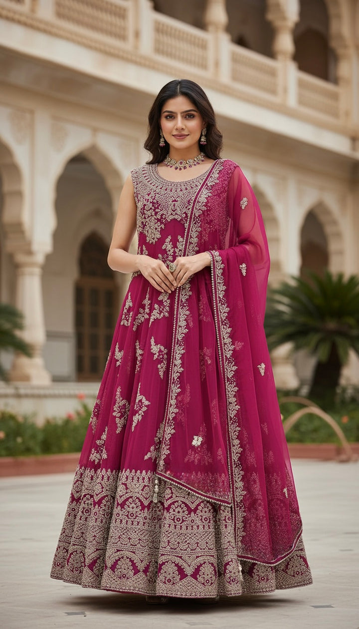 7015G- Purple Embroidered & Embellished net long dress