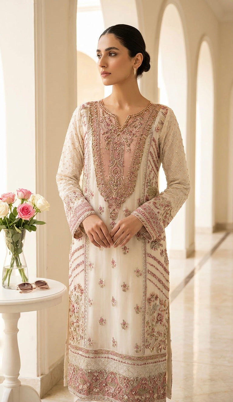 352D- IVORY CHIFFON EMBROIDERED 3 PIECE SUIT