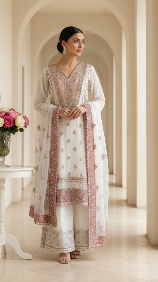 352D- IVORY CHIFFON EMBROIDERED 3 PIECE SUIT