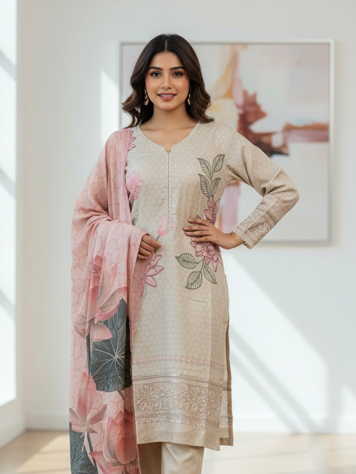 PL04 - EMBROIDERED LINEN PRINT 3 PIECE SUIT