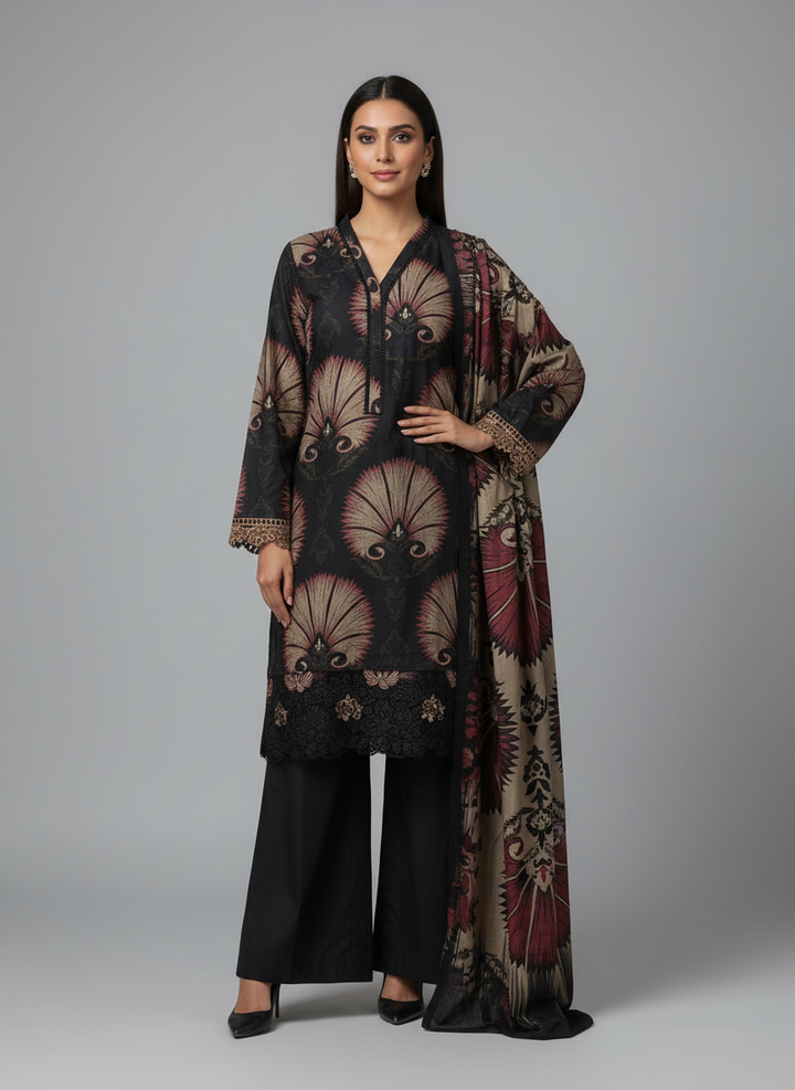 PL02 - EMBROIDERED LINEN PRINT 3 PIECE SUIT