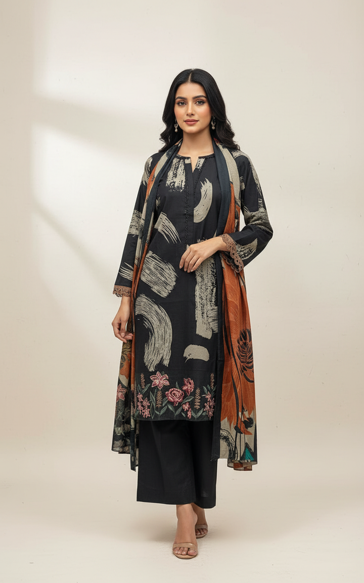 PL03 - EMBROIDERED LINEN PRINT 3 PIECE SUIT