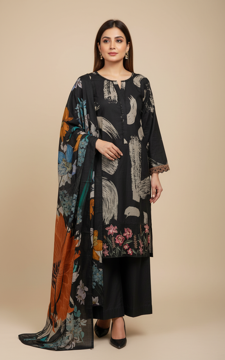 PL03 - EMBROIDERED LINEN PRINT 3 PIECE SUIT