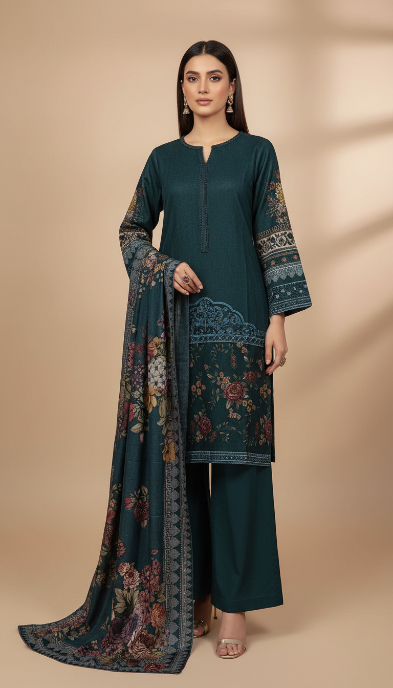 PL06 - EMBROIDERED LINEN PRINT 3 PIECE SUIT