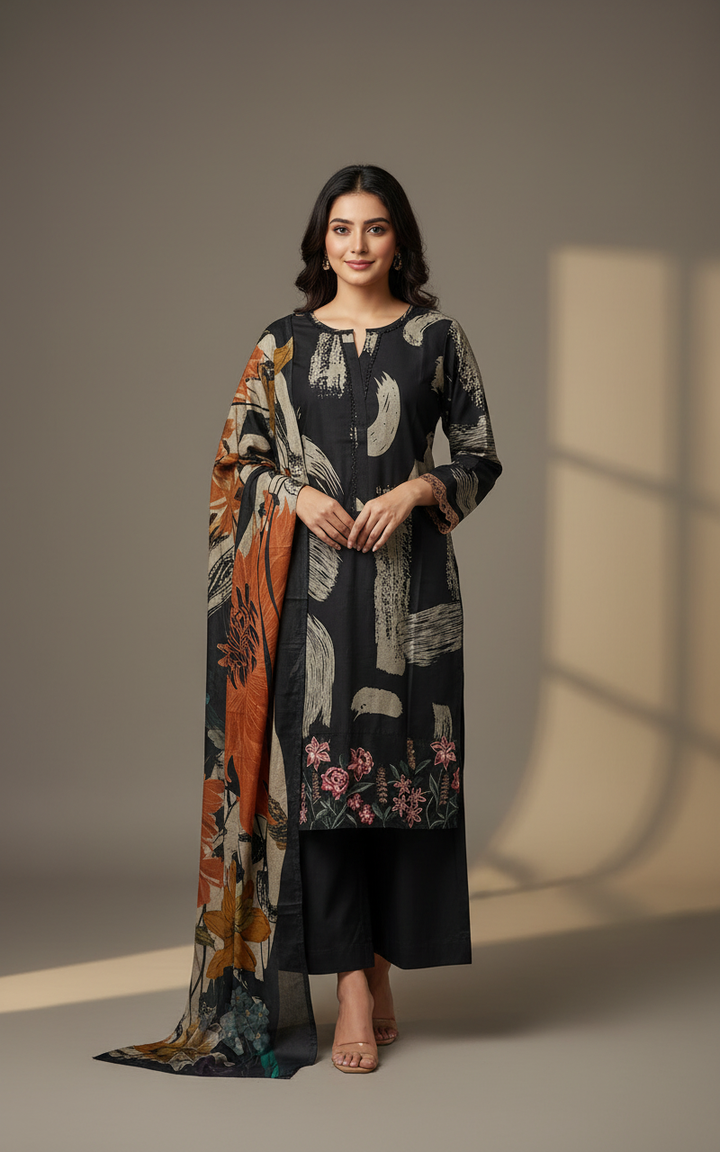 PL03 - EMBROIDERED LINEN PRINT 3 PIECE SUIT