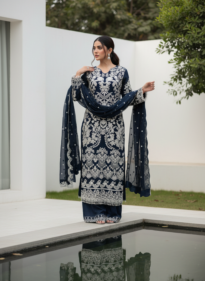 326D- Blue Embroidered Chiffon 3 Piece Suit