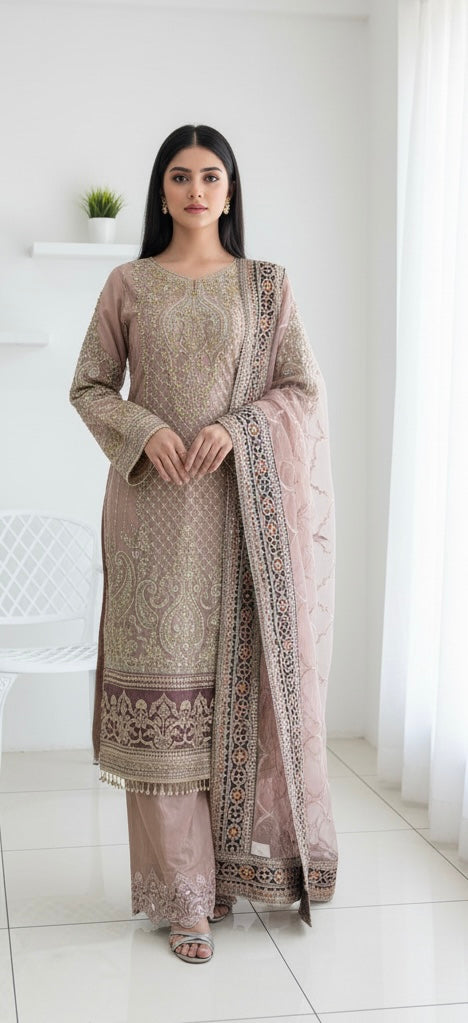 330B - DARK PINK NET EMBROIDERED SUIT