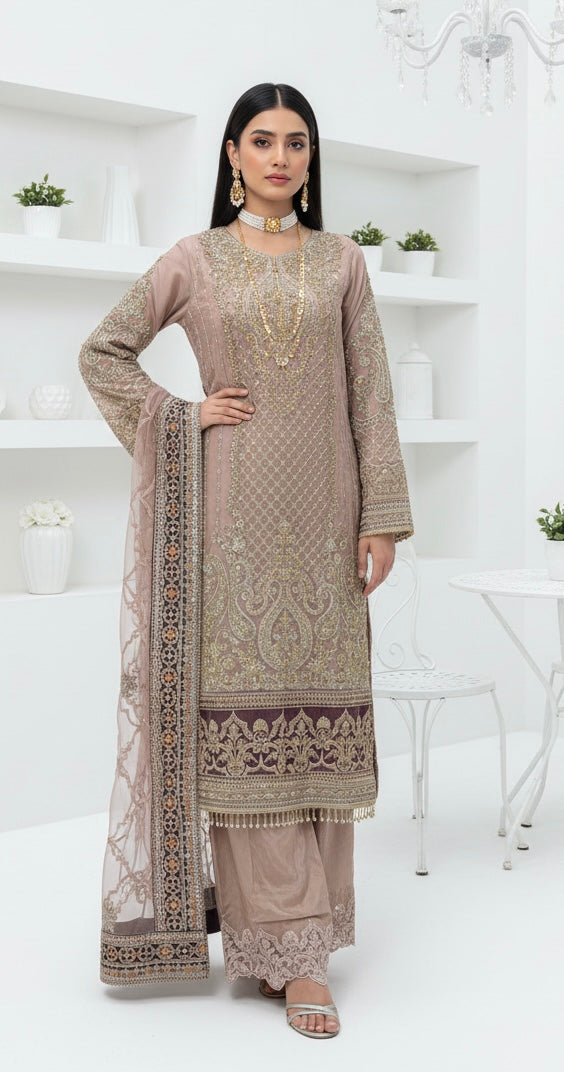 330B - DARK PINK NET EMBROIDERED SUIT