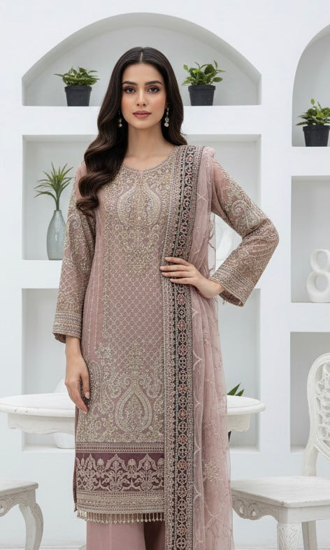330B - DARK PINK NET EMBROIDERED SUIT