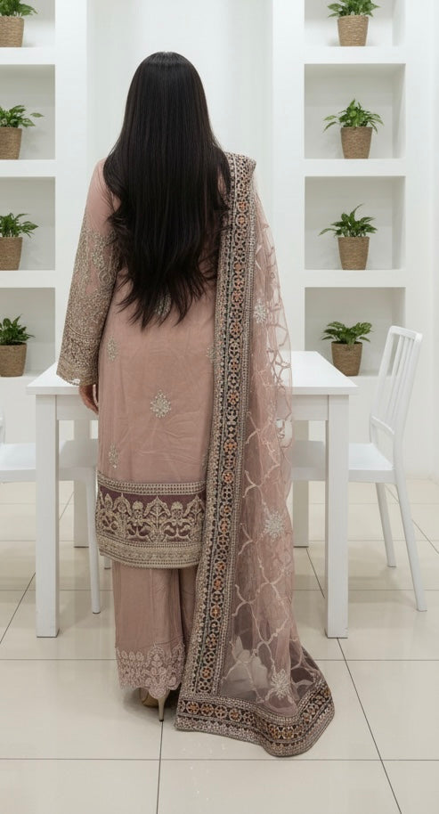 330B - DARK PINK NET EMBROIDERED SUIT