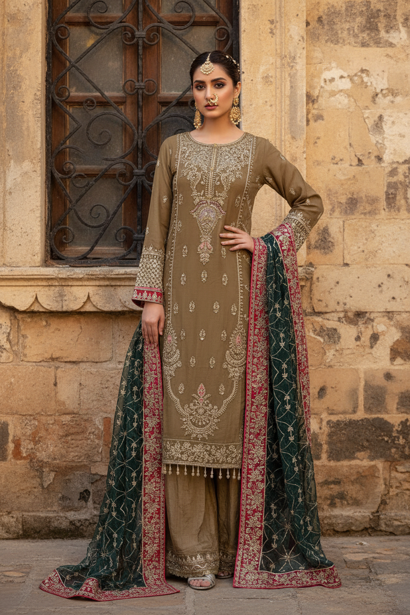 329B- Embroidered Chiffon 3 Piece Suit