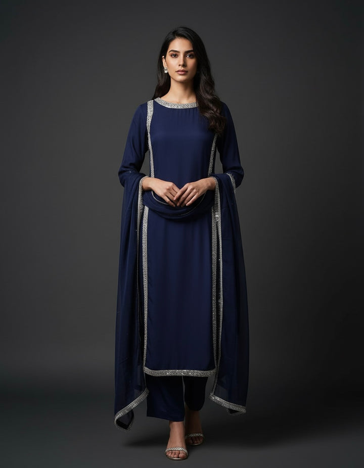 433B - BLUE CHIFFON EMBROIDERED ADDA WORK SUIT