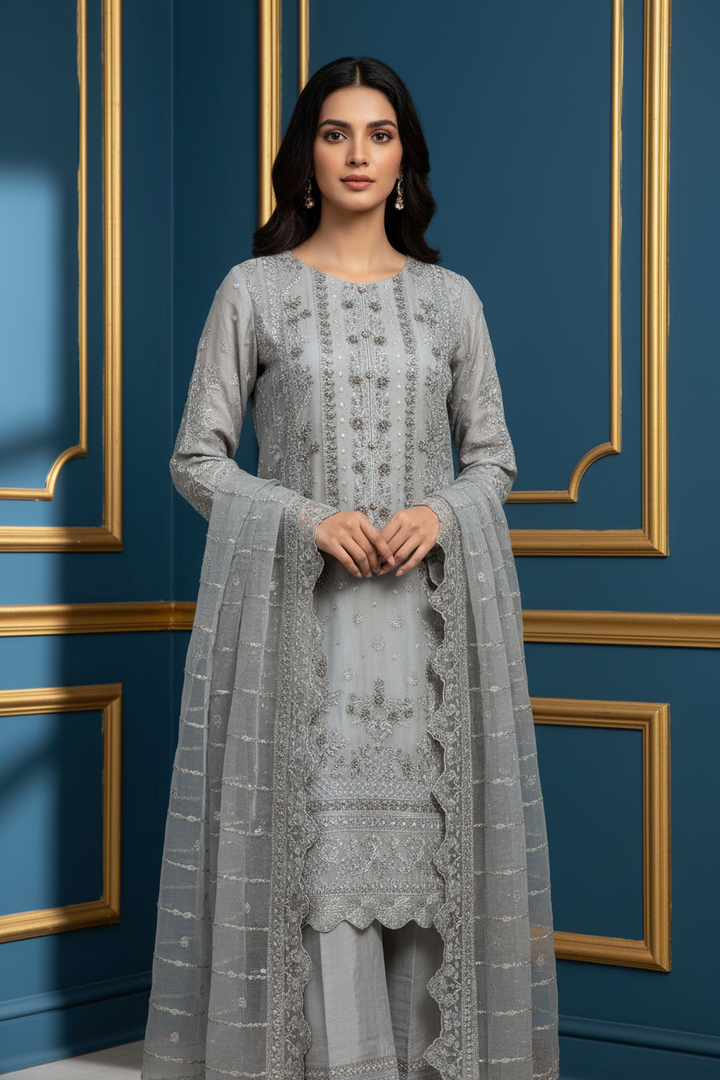 327B- Grey Embroidered Chiffon 3 Piece Suit