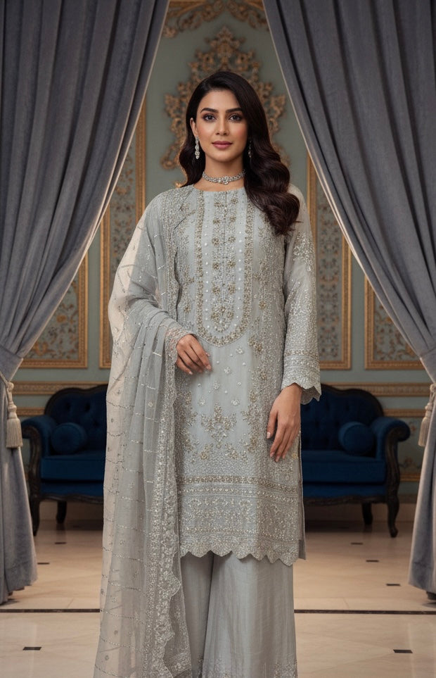 327B- Grey Embroidered Chiffon 3 Piece Suit
