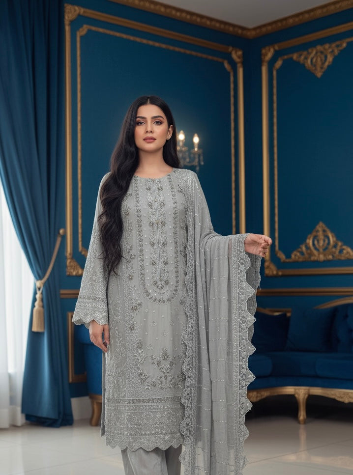 327B- Grey Embroidered Chiffon 3 Piece Suit