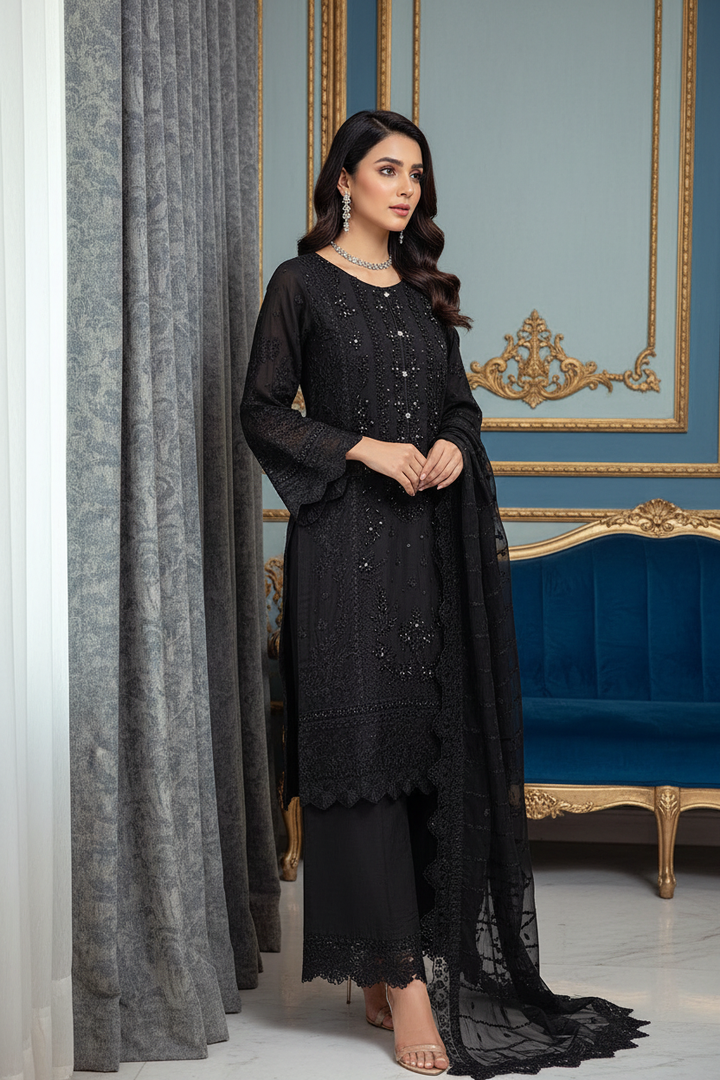 327A- Black Embroidered Chiffon 3 Piece Suit