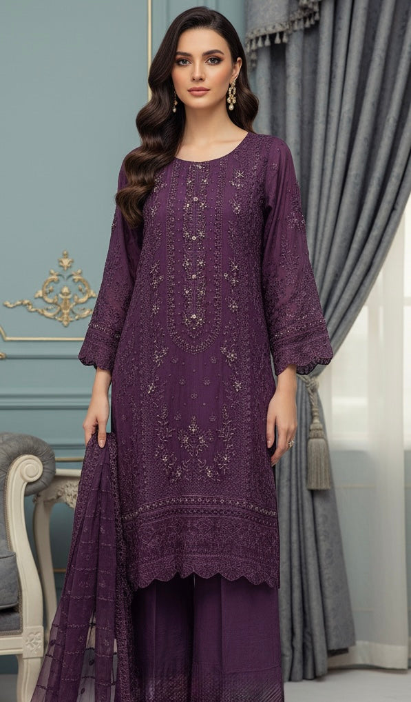 327C- Purple Embroidered Chiffon 3 Piece Suit
