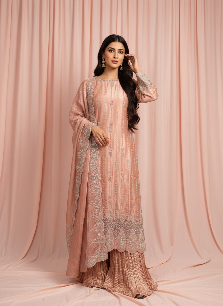 390A - PEACH EMBROIDERED & EMBELLISHED SILK SUIT