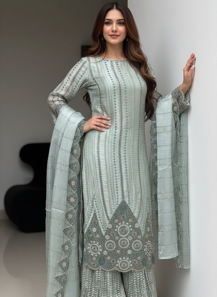 390E - EMBROIDERED & EMBELLISHED SILK SUIT