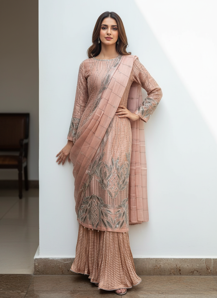 390F - PEACH EMBROIDERED & EMBELLISHED SILK SUIT