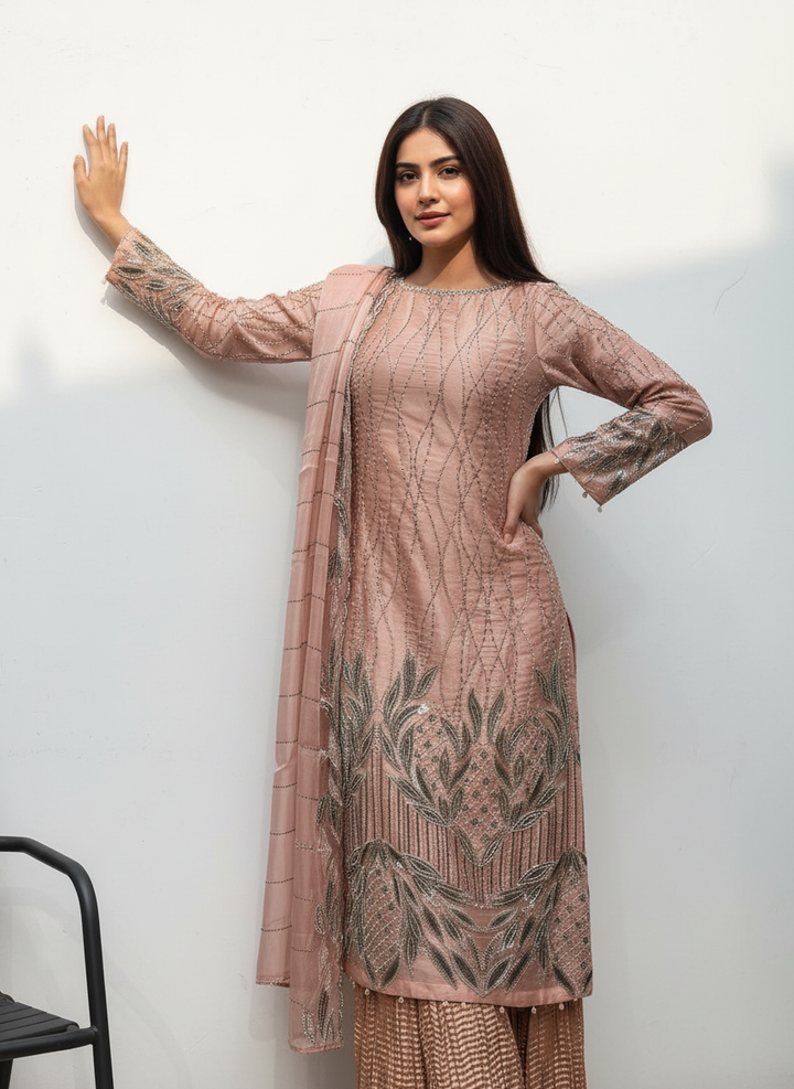 390F - PEACH EMBROIDERED & EMBELLISHED SILK SUIT