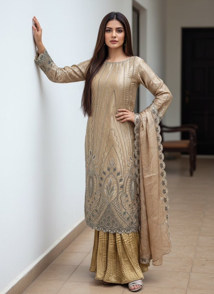390M- BEIGE GOLD EMBROIDERED & EMBELLISHED SILK SUIT