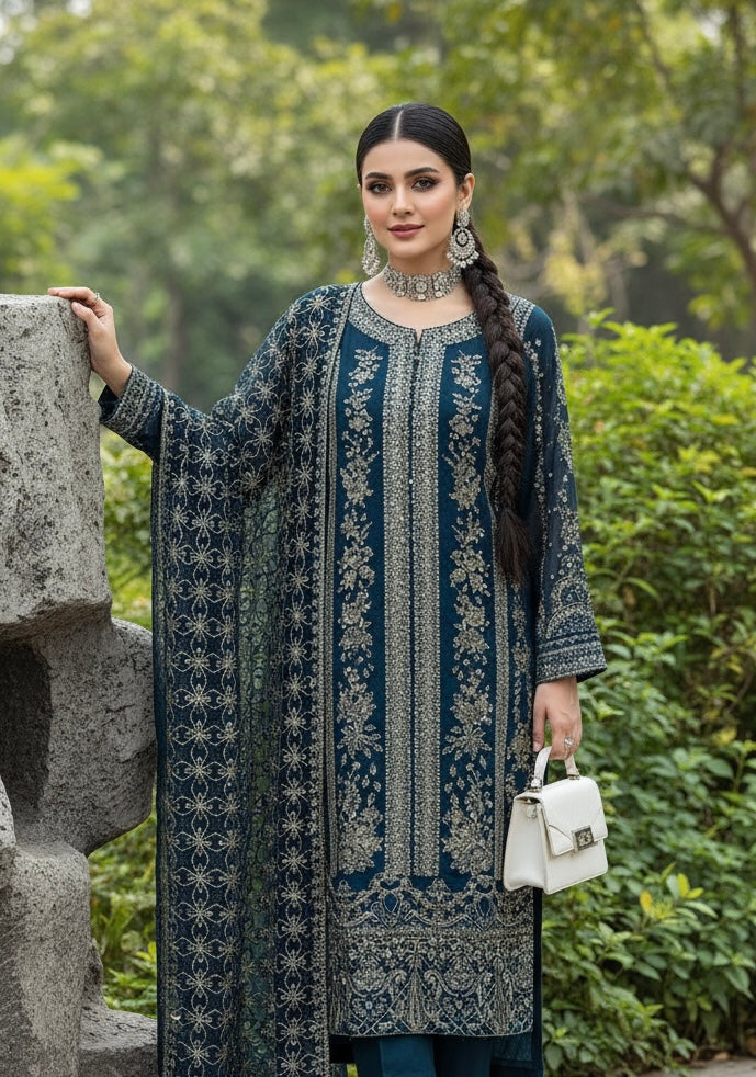 324A - TEAL BLUE EMBROIDERED CHIFFON 3 PIECE SUIT
