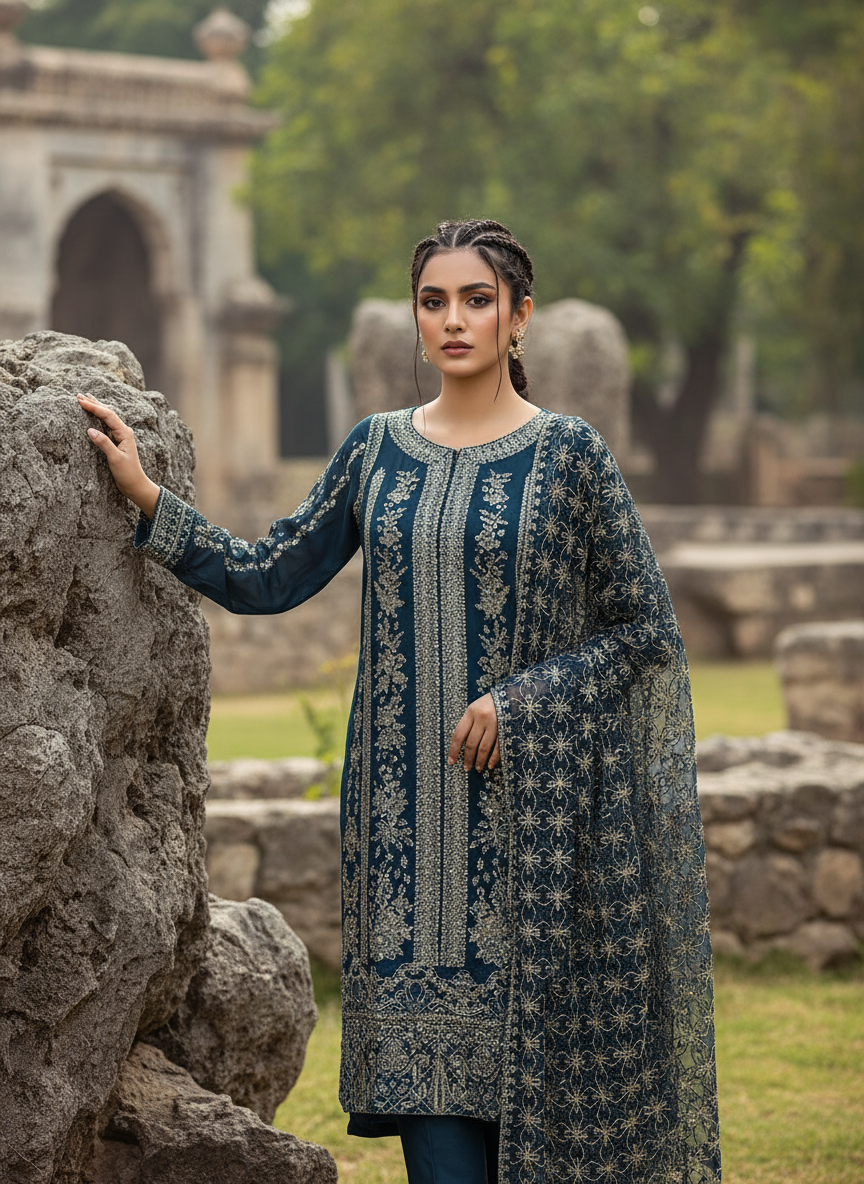 324A - TEAL BLUE EMBROIDERED CHIFFON 3 PIECE SUIT