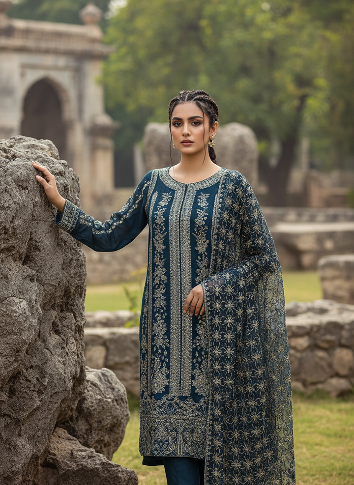 324A - TEAL BLUE EMBROIDERED CHIFFON 3 PIECE SUIT