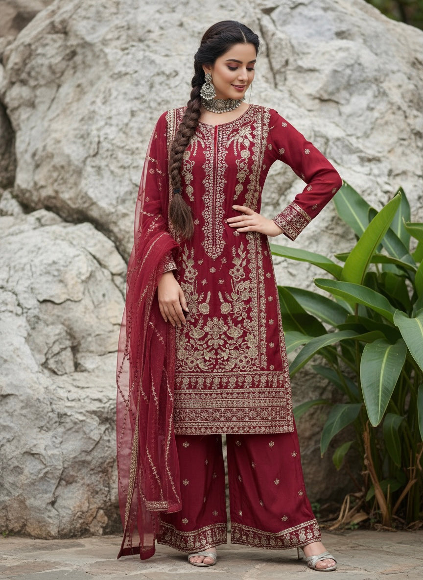 386D - RED CHIFFON EMBROIDERED SHARARA SUIT