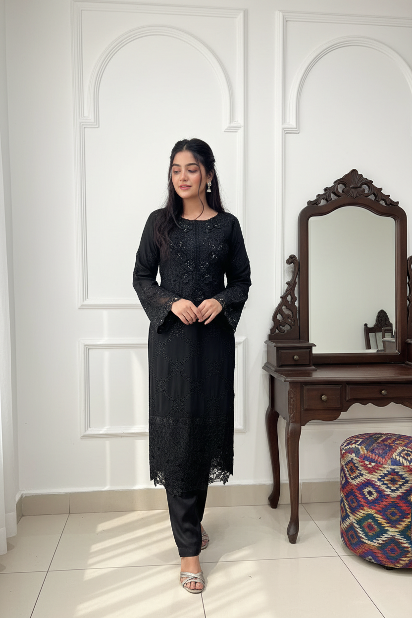 355D - Maria b inspired Black Embroidered chiffon suit