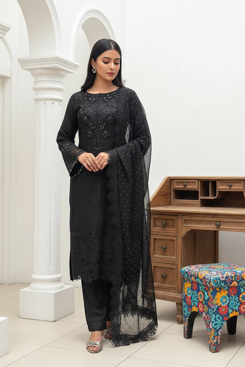 355D - Maria b inspired Black Embroidered chiffon suit