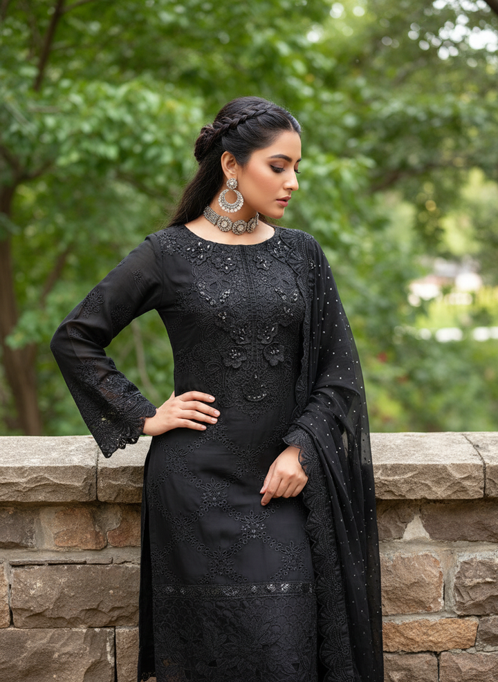 355D - Maria b inspired Black Embroidered chiffon suit