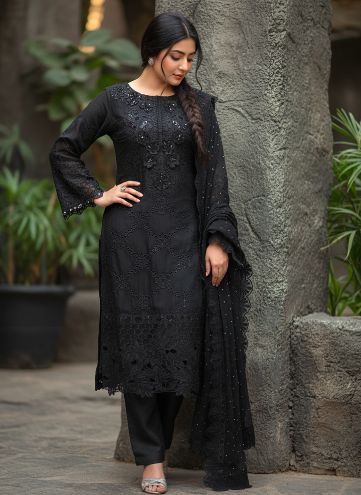 355D - Maria b inspired Black Embroidered chiffon suit