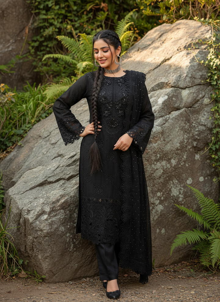 355D - Maria b inspired Black Embroidered chiffon suit