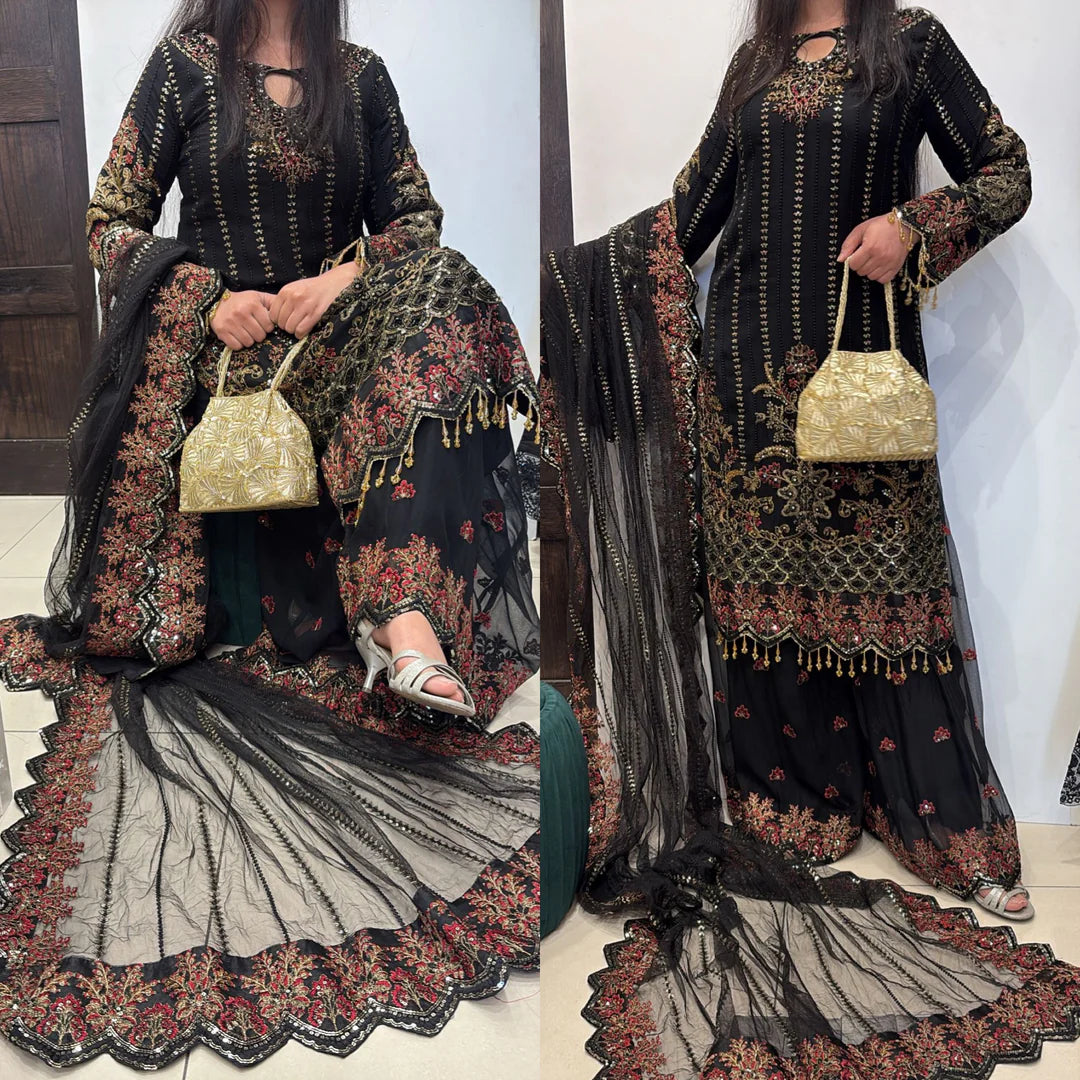 379B - BLACK EMBROIDERED CHIFFON SHARARA SUIT