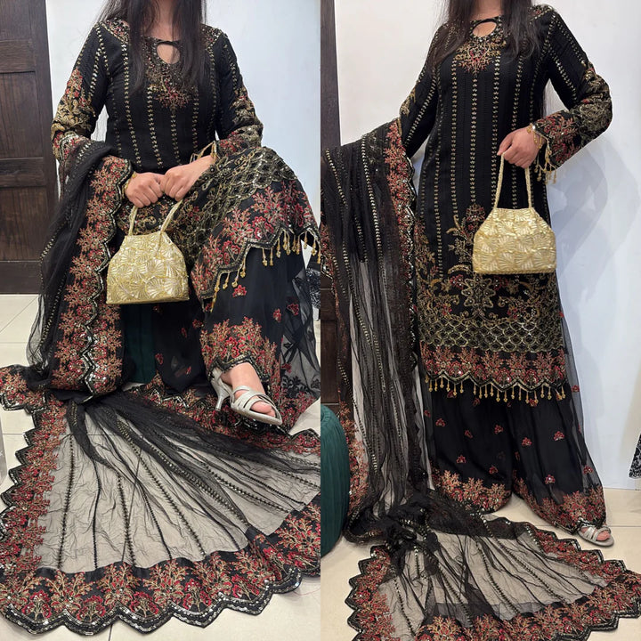 379B - BLACK EMBROIDERED CHIFFON SHARARA SUIT