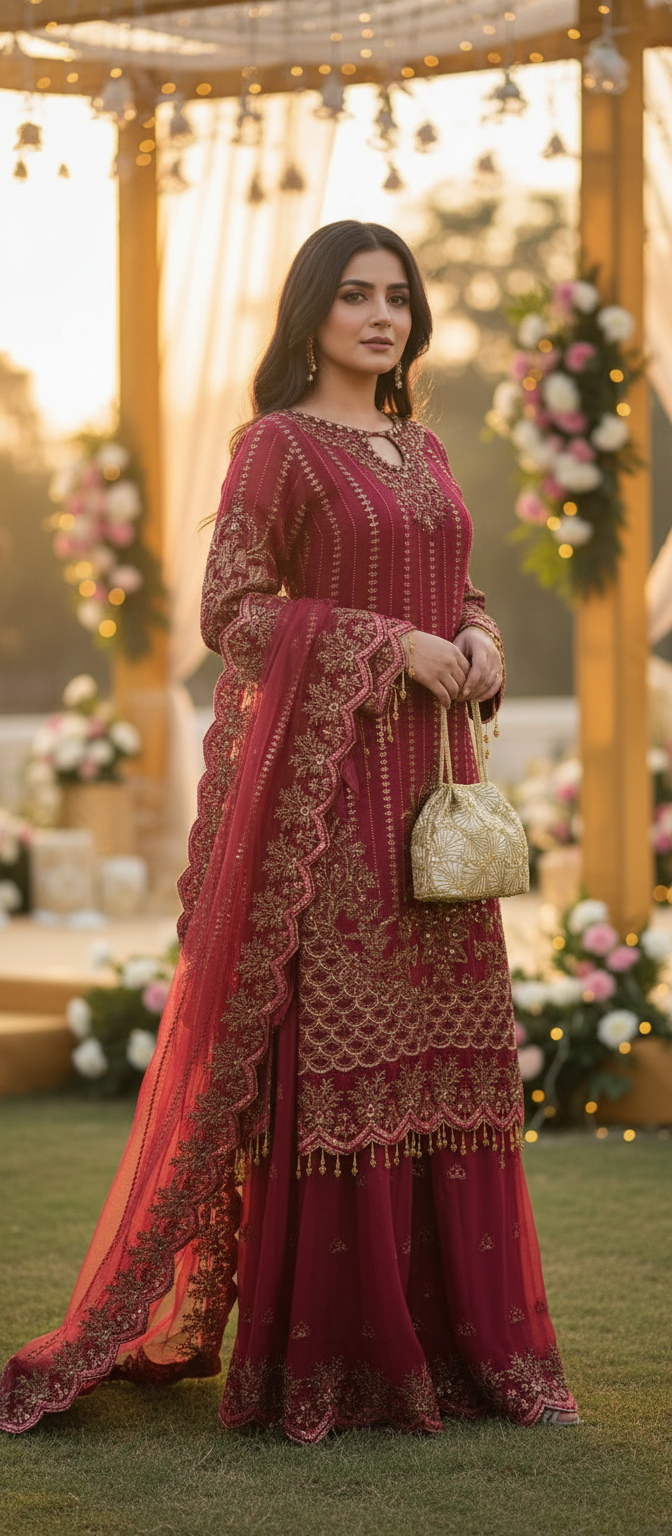 379A - EMBROIDERED CHIFFON SHARARA SUIT