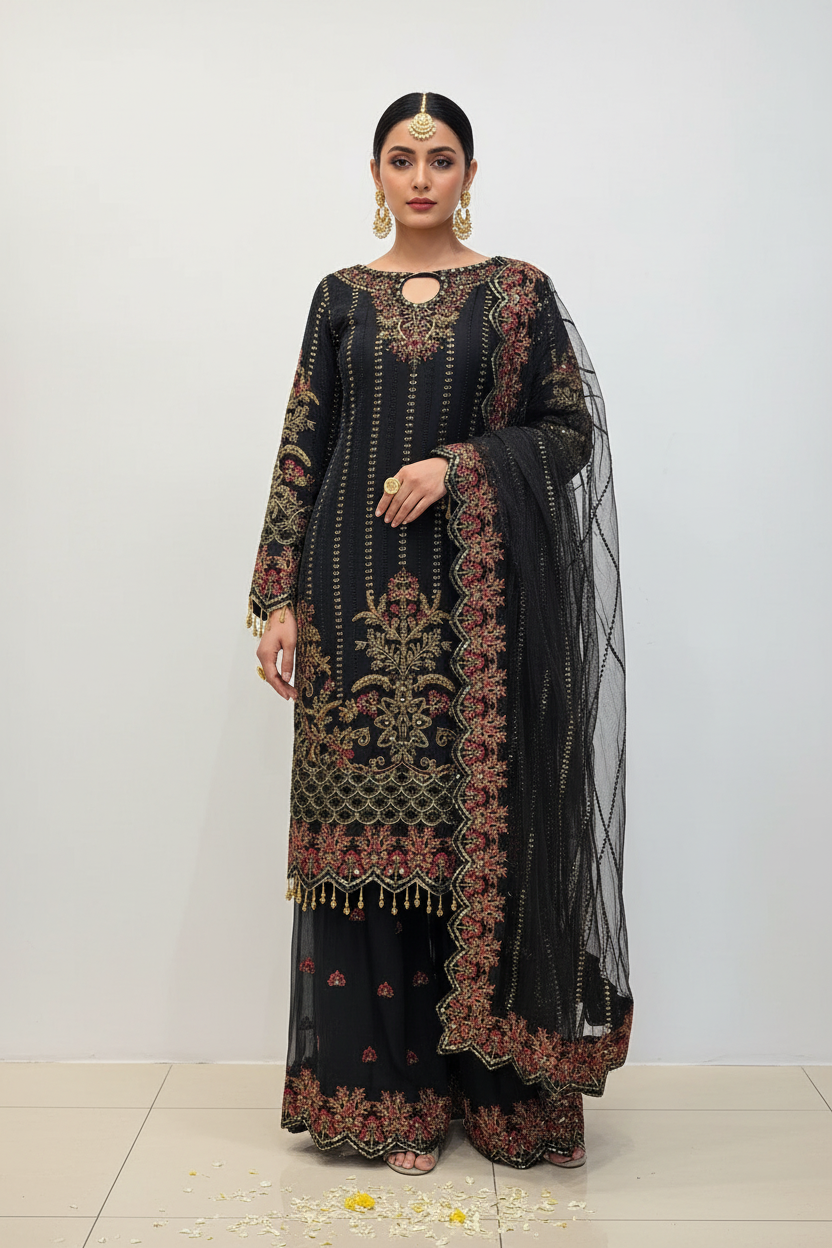 379B - BLACK EMBROIDERED CHIFFON SHARARA SUIT