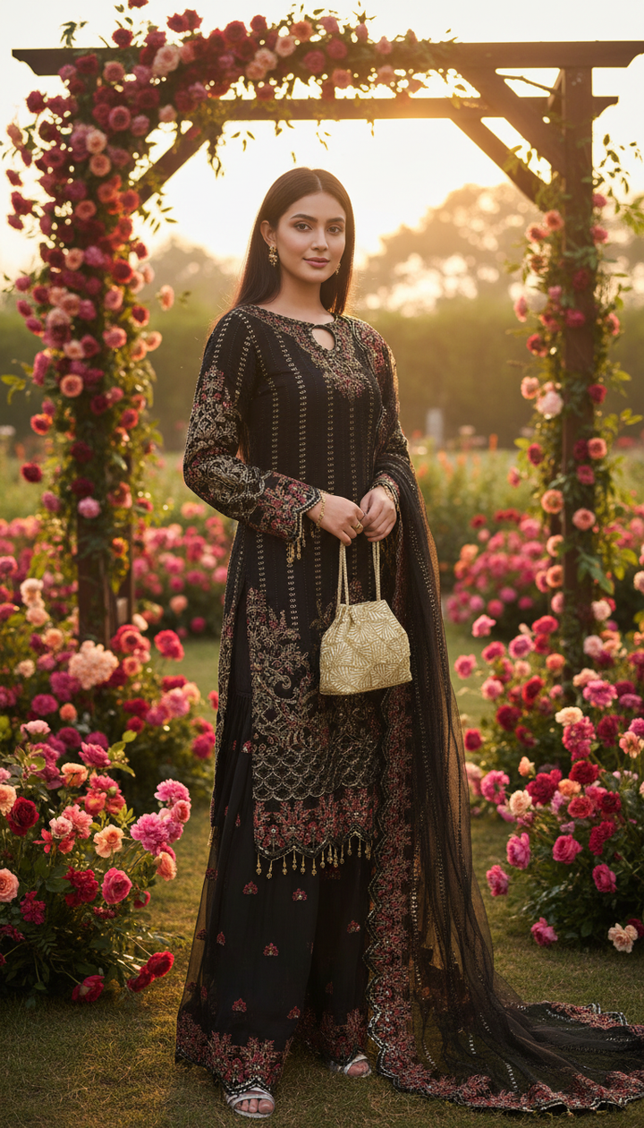 379B - BLACK EMBROIDERED CHIFFON SHARARA SUIT