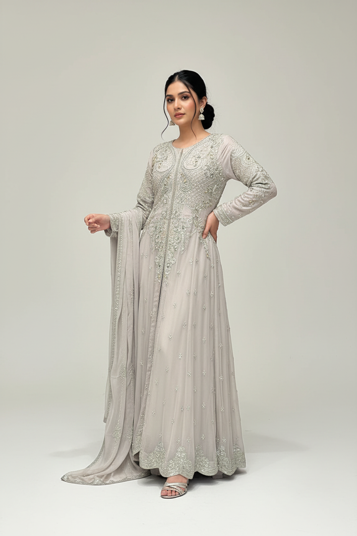 GREY EMBROIDERED CHIFFON 3 PIECE SUIT 424C