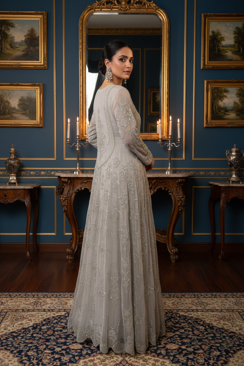 GREY EMBROIDERED CHIFFON 3 PIECE SUIT 424C
